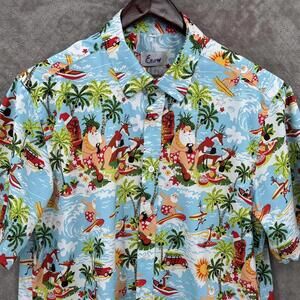 Enow Shirt Mens Large Blue Santa Hawaiian Christmas Short Sleeve Button Up Beach